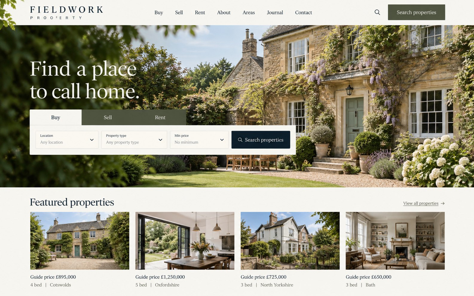Fieldwork Property estate agency website homepage concept