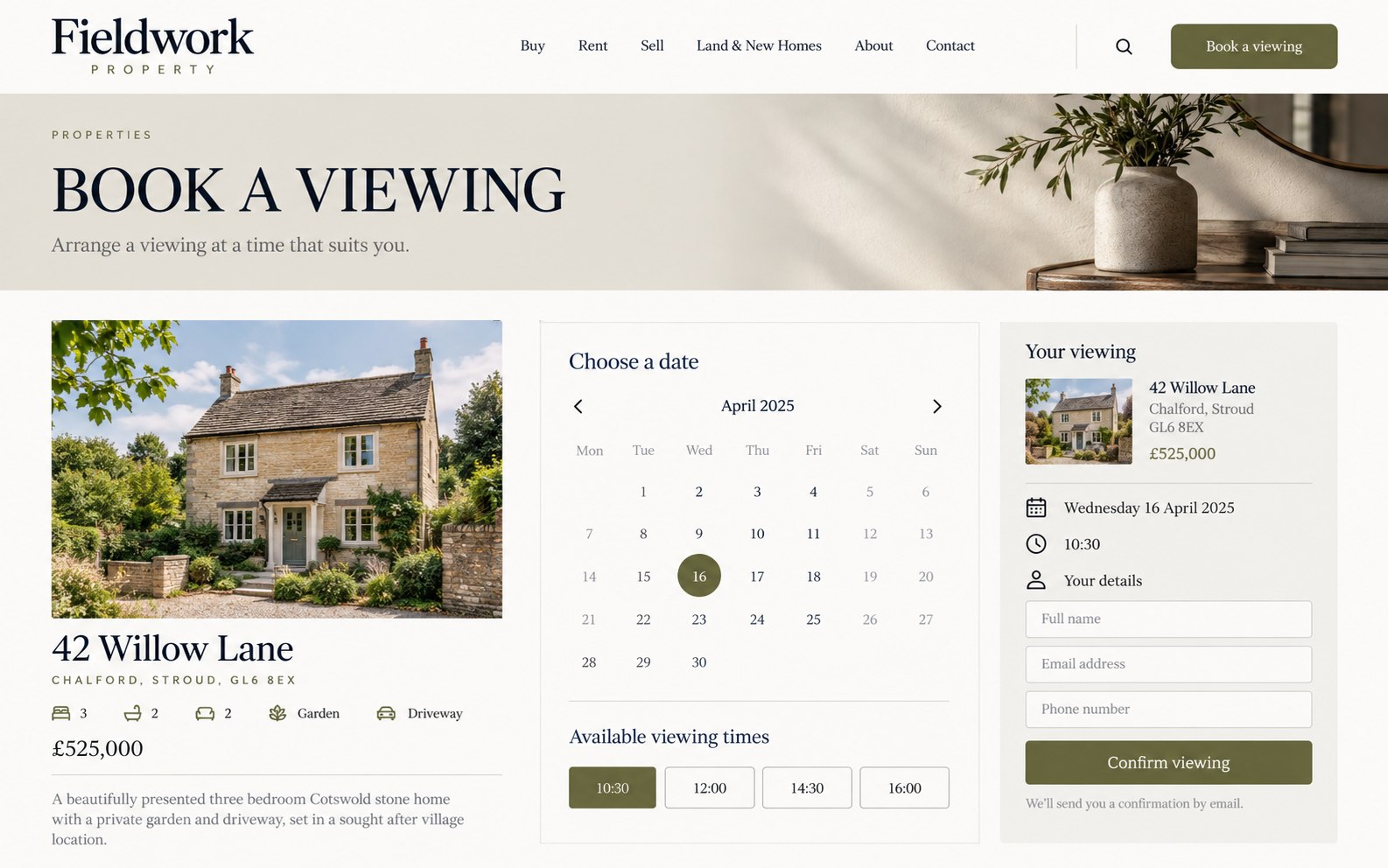 Fieldwork Property calendar concept for booking a property viewing