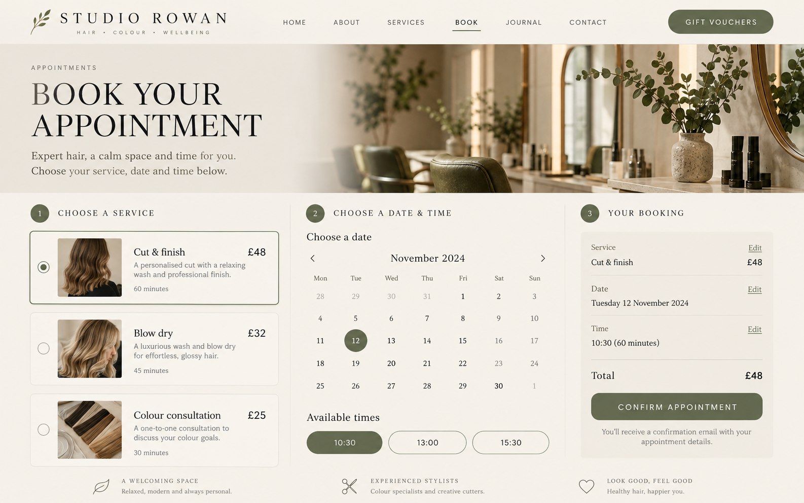Studio Rowan appointment calendar showing haircut services, prices and available booking slots