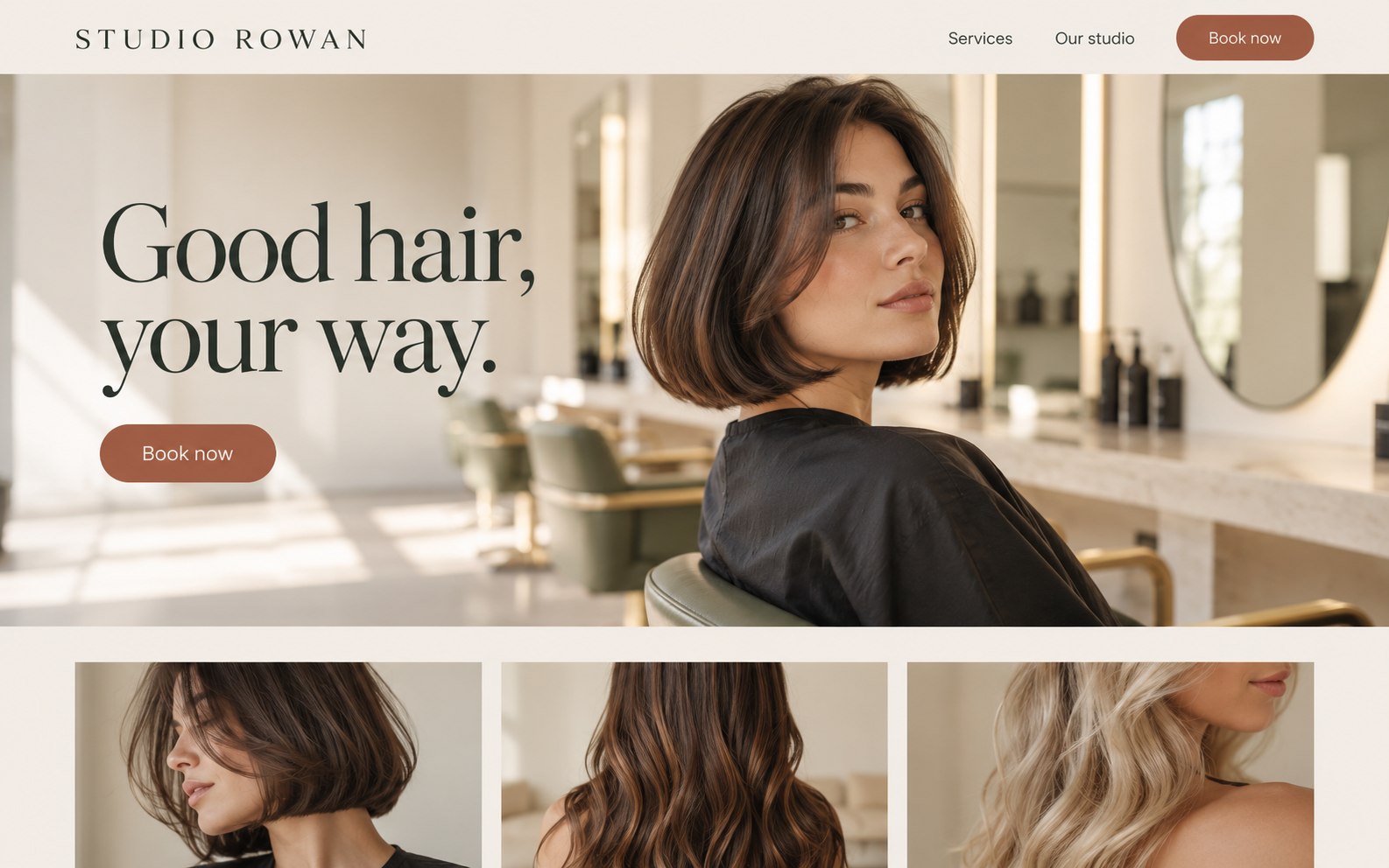 Studio Rowan hair salon website homepage concept