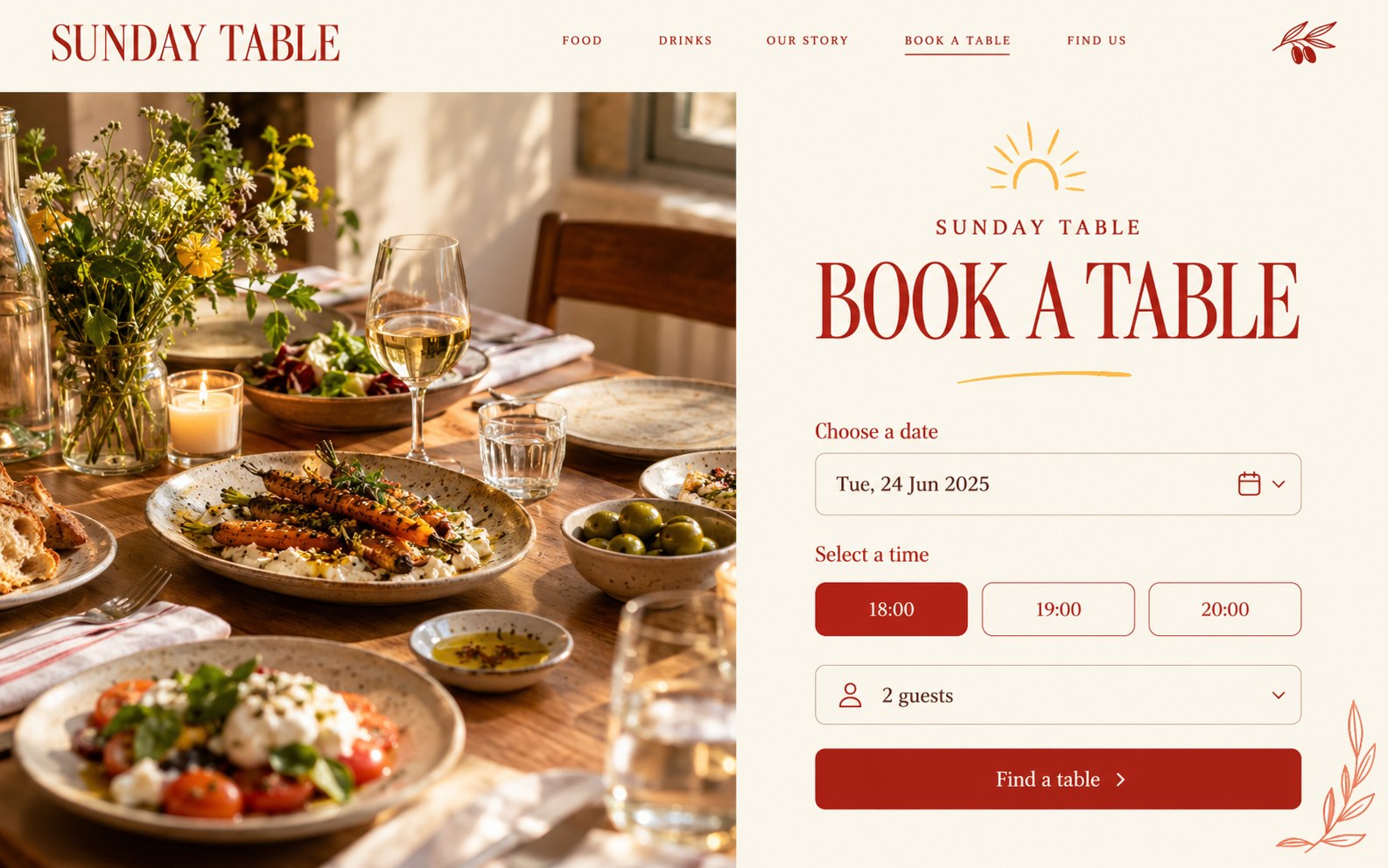 Sunday Table restaurant reservation concept for selecting a date, time and party size