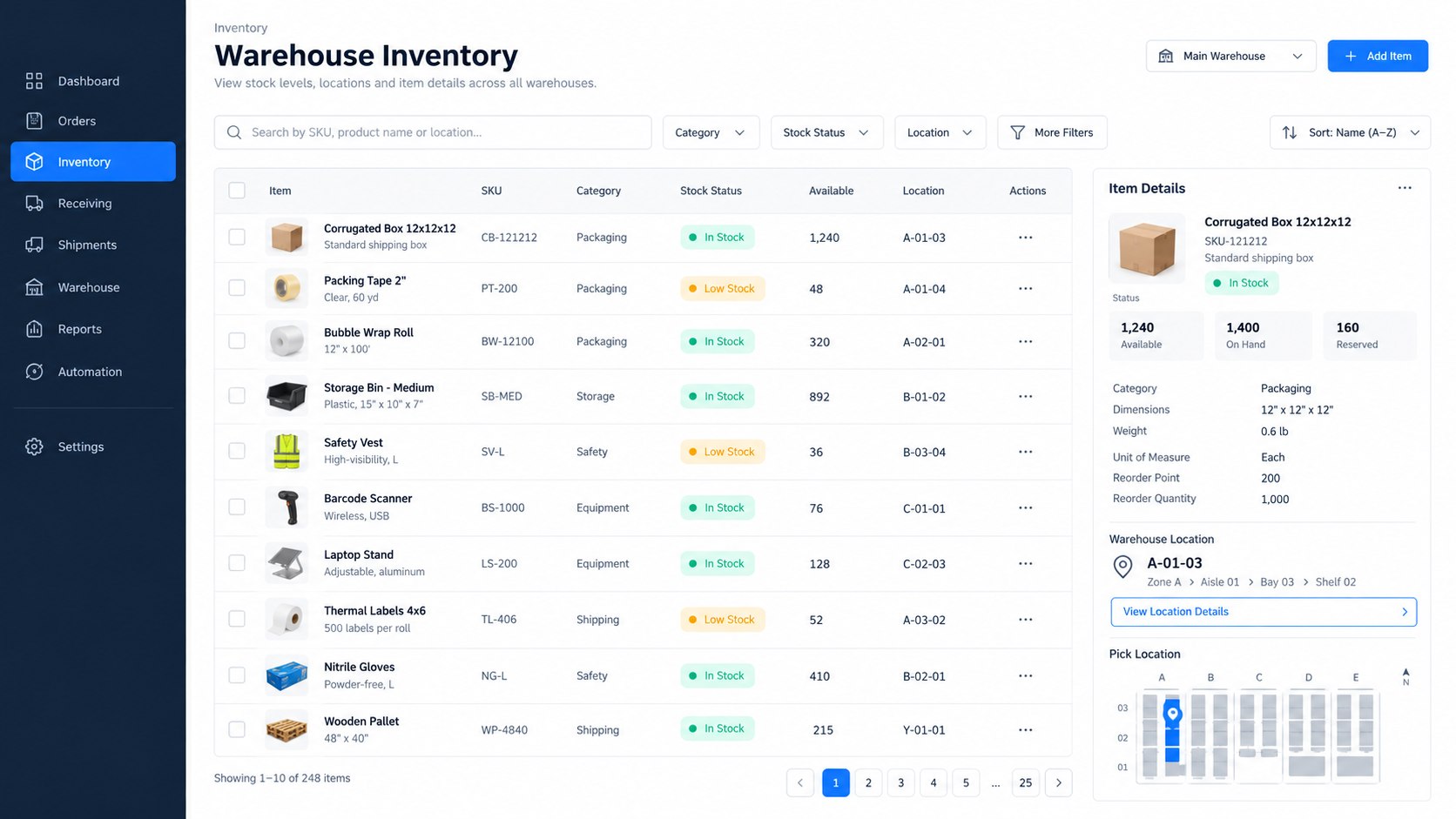 Warehouse CRM inventory management concept with stock statuses, locations and warehouse pick map